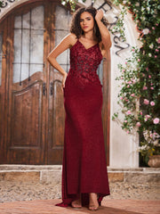 Maxi Robe Fourreau Appliquée en Jersey avec Corsage Corset à Col en V Bordeaux