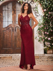 Maxi Robe Fourreau Appliquée en Jersey avec Corsage Corset à Col en V Bordeaux