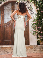 Maxi Robe Fourreau Appliquée en Jersey avec Corsage Corset à Col en V Ivoire