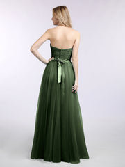 Dentelle et Tulle Longue Robe avec Col en Cœur Olive Verte