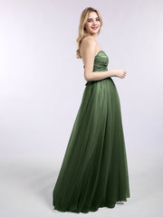 Dentelle et Tulle Longue Robe avec Col en Cœur Olive Verte