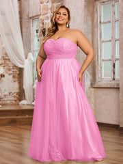 Dentelle et Tulle Longue Robe avec Col en Cœur Rose Bonbon