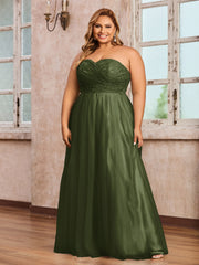 Dentelle et Tulle Longue Robe avec Col en Cœur Olive Verte Grande Taille