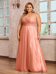 Dentelle et Tulle Longue Robe avec Col en Cœur Papaye