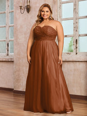 Dentelle et Tulle Longue Robe avec Col en Cœur terracotta Grande Taille