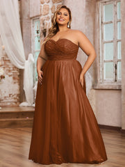 Dentelle et Tulle Longue Robe avec Col en Cœur terracotta Grande Taille