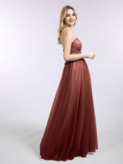 Dentelle et Tulle Longue Robe avec Col en Cœur terracotta