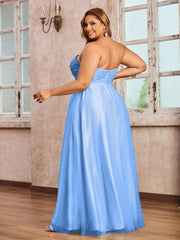 Dentelle et Tulle Longue Robe avec Col en Cœur Bleu Grande Taille