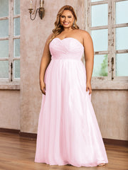 Dentelle et Tulle Longue Robe avec Col en Cœur Rose Pâle Grande Taille