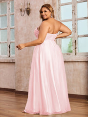 Dentelle et Tulle Longue Robe avec Col en Cœur Rose Pâle Grande Taille