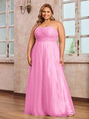 Dentelle et Tulle Longue Robe avec Col en Cœur Rose Bonbon Grande Taille