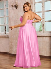 Dentelle et Tulle Longue Robe avec Col en Cœur Rose Bonbon Grande Taille