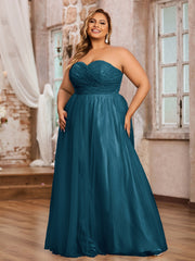 Dentelle et Tulle Longue Robe avec Col en Cœur Bleu Encre Grande Taille
