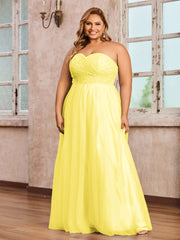 Dentelle et Tulle Longue Robe avec Col en Cœur Citron Grande Taille