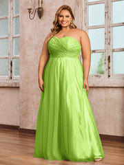 Dentelle et Tulle Longue Robe avec Col en Cœur Vert Citron Grande Taille
