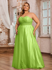 Dentelle et Tulle Longue Robe avec Col en Cœur Vert Citron Grande Taille