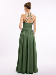Licou Col Montant Mousseline Robe Demoiselle d'honneur Olive Verte Grande Taille