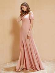 Robe Longue à Demi-Manches avec Fente Rose Poudré Grande Taille
