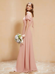 Robe Longue à Demi-Manches avec Fente Rose Poudré