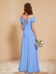 Robe Longue à Demi-Manches avec Fente Bleu Grande Taille
