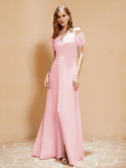 Robe Longue à Demi-Manches avec Fente Rose Pâle