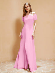 Robe Longue à Demi-Manches avec Fente Rose Bonbon Grande Taille