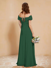 Robe Longue à Demi-Manches avec Fente Vert Foncé