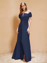 Robe Longue à Demi-Manches avec Fente Bleu Marine