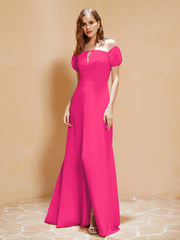 Robe Longue à Demi-Manches avec Fente Fuchsia