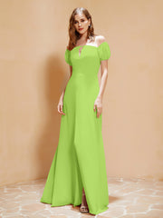 Robe Longue à Demi-Manches avec Fente Vert Citron