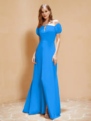 Robe Longue à Demi-Manches avec Fente Bleu Océan