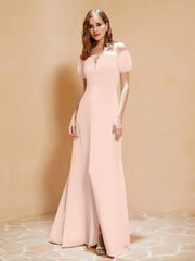 Robe Longue à Demi-Manches avec Fente Rose Perle