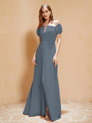 Robe Longue à Demi-Manches avec Fente Bleu de Schiste