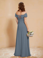 Robe Longue à Demi-Manches avec Fente Bleu de Schiste Grande Taille