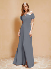 Robe Longue à Demi-Manches avec Fente Gris Acier Grande Taille