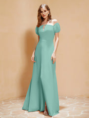 Robe Longue à Demi-Manches avec Fente Turquoise