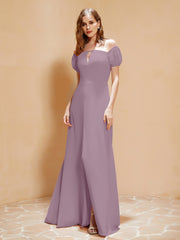 Robe Longue à Demi-Manches avec Fente Vintage Mauve