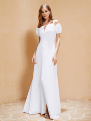 Robe Longue à Demi-Manches avec Fente Blanc