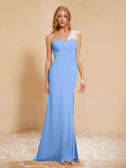 Maxi Robe Fourreau Sans Bretelles en Mousseline avec Fente Bleu