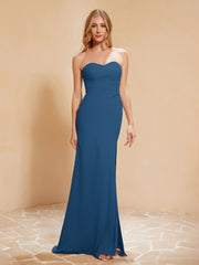 Maxi Robe Fourreau Sans Bretelles en Mousseline avec Fente Bleu Encre