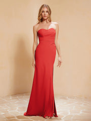 Maxi Robe Fourreau Sans Bretelles en Mousseline avec Fente Rouge