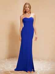 Maxi Robe Fourreau Sans Bretelles en Mousseline avec Fente Bleu Royale