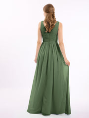 Mousseline Col en V Robe avec Jupe Cascade Olive Verte