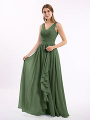 Mousseline Col en V Robe avec Jupe Cascade Olive Verte