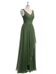 Mousseline Col en V Robe avec Jupe Cascade Olive Verte Grande Taille