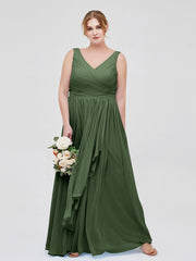 Mousseline Col en V Robe avec Jupe Cascade Olive Verte Grande Taille