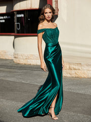 Robe Sirène Plissée à Hors de l'Épaule avec Mancherons Vert Foncé