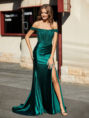 Robe Sirène Plissée à Hors de l'Épaule avec Mancherons Vert Foncé