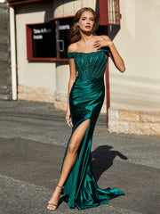 Robe Sirène Plissée à Hors de l'Épaule avec Mancherons Vert Foncé