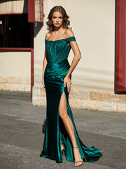 Robe Sirène Plissée à Hors de l'Épaule avec Mancherons Vert Foncé